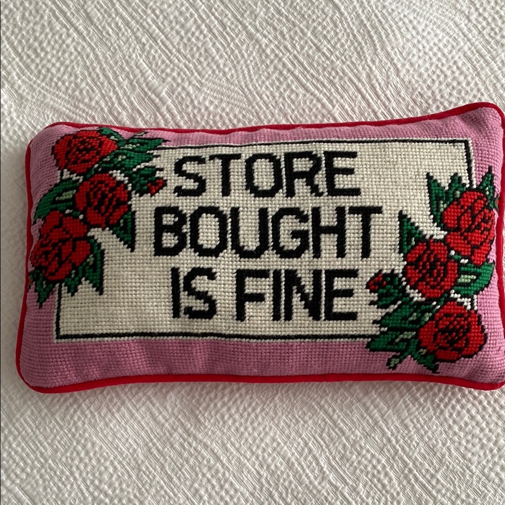 Furbish Studio “Store Bought is Fine” Pink & Red Accent Pillow Floral Embroidery